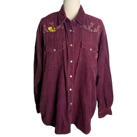 Vintage 90s Looney Tunes Tweety Bird Western Shirt XL Purple Pearl Snap Pockets - Picture 1 of 7